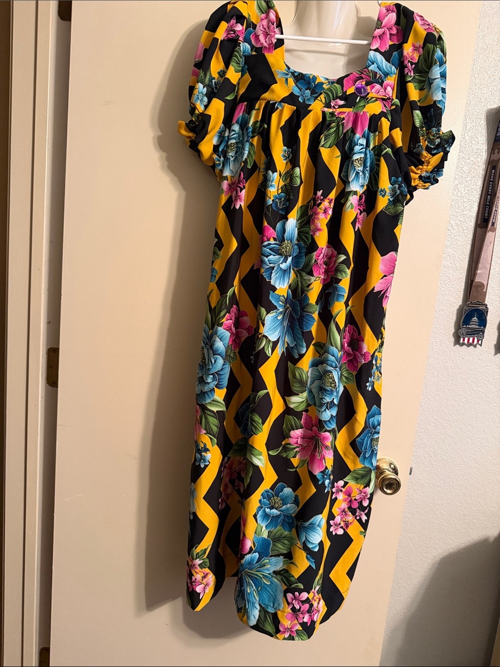 Yellow & Black Floral Maxi Dress with Puff Sleeves